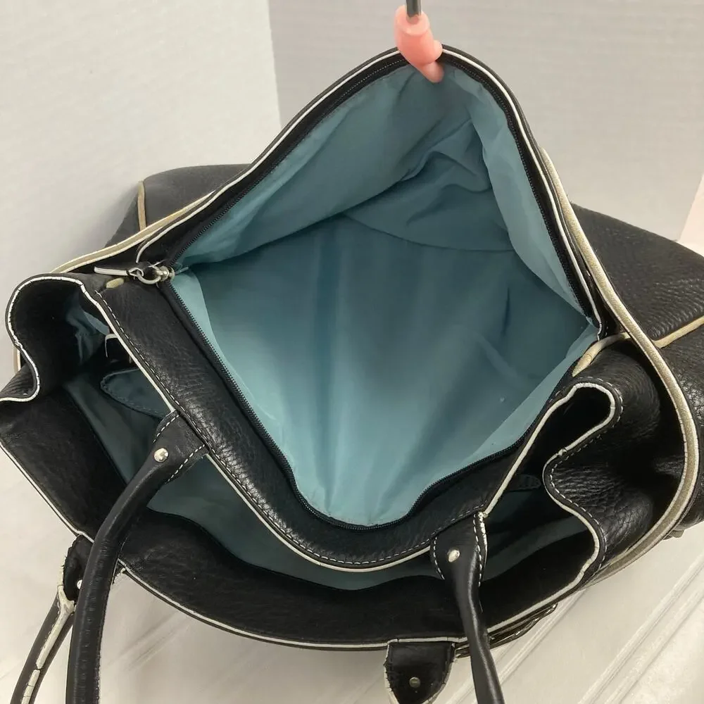 Cole Haan Village Pebbled Leather Bag Black White Trim Buckle Satchel Lined Teal